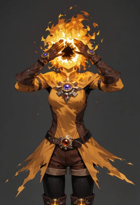score_9, score_8_up, score_7_up, solo,
lord_of_frenzy, fire head,
insane,
novakin, faceless, no eyes, no mouth, no nose, no facial features, short fiery yellow orange hair, body made of black plasma,
open hands, hands on face front,
hands on own head,
upside-down, backflip,
magical girl outfit, (steampunk dress:1.1), boots, (brown shorts:1.1), black tights, medium breasts, belt, gloves,
simple background, grey background,