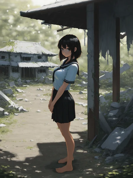masterpiece,best quality,amazing quality,
outdoors,bokeh,Dappled sunlight,ruins,old japanese house,
barefoot,looking at viewer, , cowboy shot,
1girl,solo,school uniform, serafuku,black hair,medium hair, medium breasts, brown eyes,
<lora:klskx_wai:1>