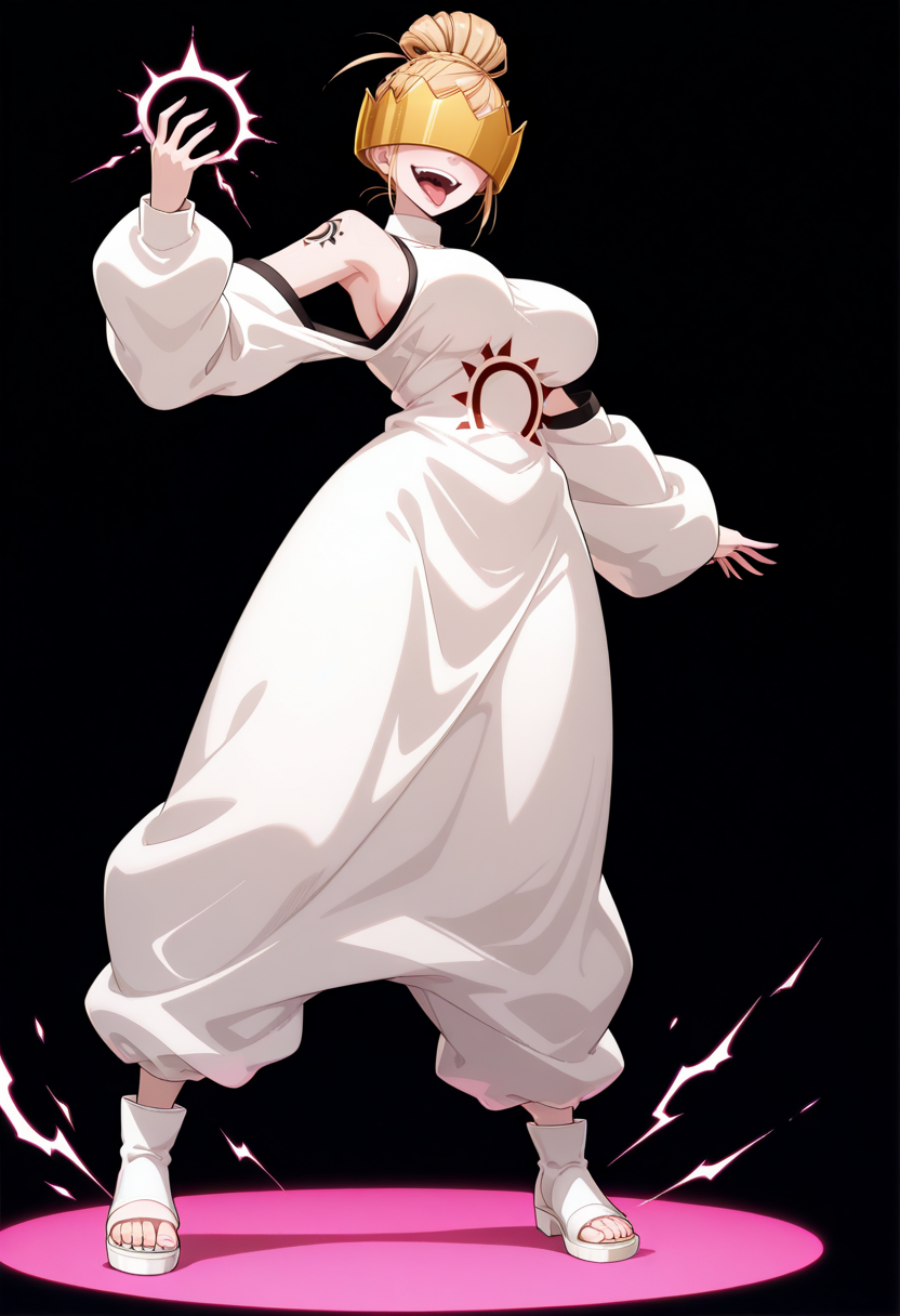 newest, masterpiece, best quality, 4k,ultra detail, good anatomy, good hands,
black background, very aesthetic, detailed background, full body,
1girl, solo,  <lora:HaumeaV2:1>haum3a, blonde hair, short hair, crown, covered eyes, tattoo, large breasts,, white dress, detached sleeves, white footwear,open toe,smile, open mouth, tongue out, red electricity,
