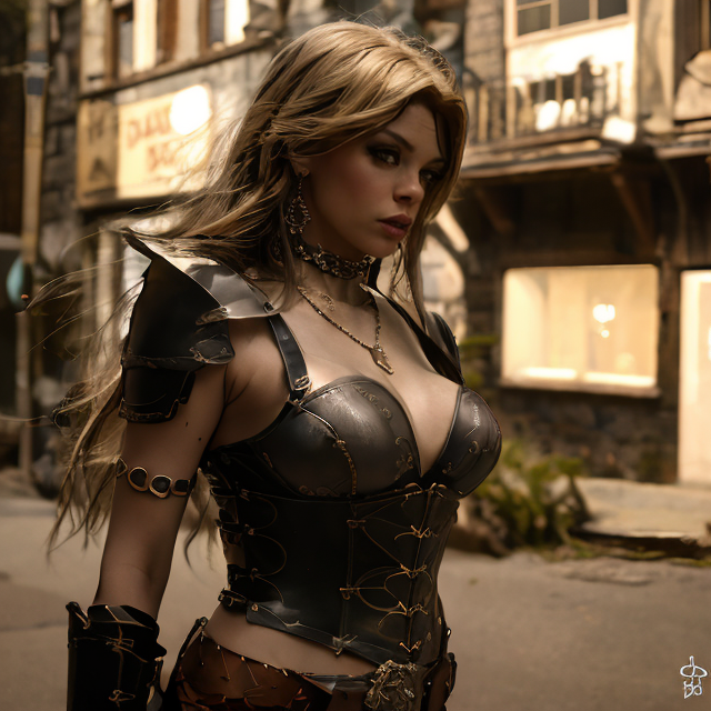 (masterpiece:1.2), (best quality,:1.2), 8k, HDR, ultra detailed, ((photorealistic)), professional light, cinematic lighting, fashion photography, ambient lighting, face lighting, Gia, <lora:Gia-10:1>, ((upper body shot)), earrings, choker, necklace, dark makeup, long and messy hair, dynamic pose, as female warrior wearing intricate armor and belt, fanam, <lora:Armor-10:0.75>, in a medieval street