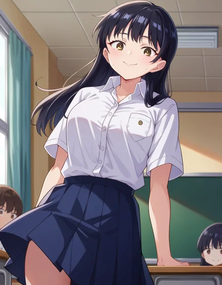 score_9, score_8_up, score_7_up, source_anime,
annayamada, <lora:anna-yamada-s2-ponyxl-lora-nochekaiser:1>,
anna yamada, long hair, bangs, black hair, brown eyes,
skirt, shirt, school uniform, white shirt, pleated skirt, collared shirt, sweatdrop, blue skirt, pocket, shirt tucked in, breast pocket,
indoors, classroom, smile,
looking at viewer, cowboy shot, dutch angle,