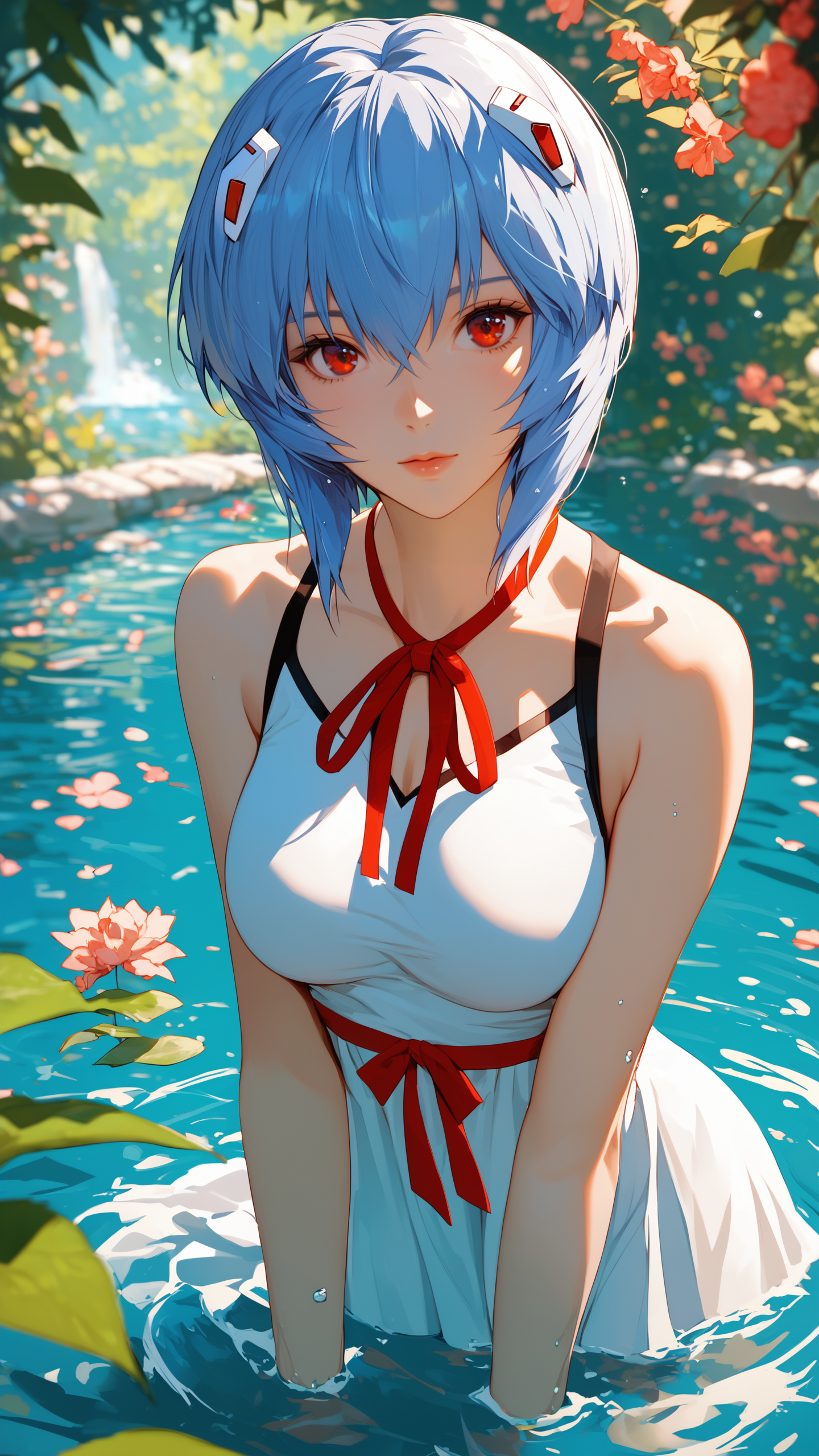 score_9, score_8_up, score_7_up, 1girl, solo, breasts, looking at viewer, short hair, bangs, hair ornament, red eyes, dress, ribbon, hair between eyes, bare shoulders, blue hair, flower, outdoors, sleeveless, water, white dress, red ribbon, sleeveless dress, nature, wading, ayanami rei