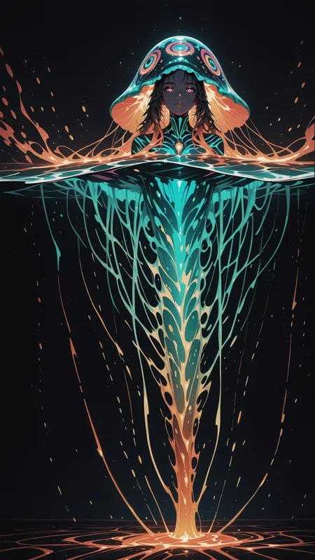 anime, comic, dynamic angle, masterpiece, best quality, 8k, beautiful, hot, seductive, (eye contact: 1.1), (looking at the viewer), brown eyes, beautiful face, hyper detailed, ultra high resolution, woman, swimming, extra long hair, wavy hair, coral reef, under water, detailed eyes, luscious lips, (bright studio lighting:1.2), f2, 35mm, film grain, underwater_scene, (huge jellyfish as a pump hood:1.2), bioluminescent dress, woman Illuminated by the ethereal glow of bioluminescent jellyfish, underwater volcano, the lava spreads in the water, surrounds the woman, lava merges with the water current in the most beautiful setting of pure chaos, romantic atmosphere, under water, bioluminescent structures, symphony of water and joy, soft illumination, zentangle, mandala, tangle, entangle, (fractal art:1.2), (hyperdetailed:1.2), (intricate details:1), (Refined details:1.2), (detailed radiant face:1.1), liquid hair, jedsplu,jedsplu style,psychedelic colors <lora:Psylustrious:0.7>, bioluminescence, black background, very dark, neon glow,  <lora:reij-detaILer:0.6>
