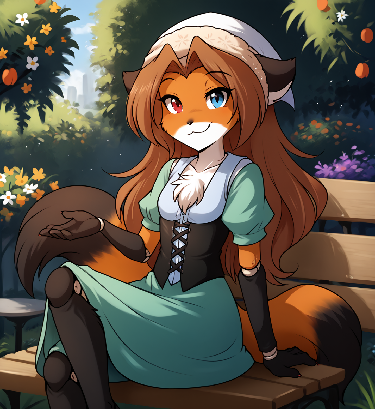 digital painting, all the other Pony quality tags, check the prompts! score_9, score_8_up, score_7_up, score_6_up, score_5_up, score_4_up, rating_safe, source_furry, detailed background, garden in  background, outdoors, 1girl,  female anthro fox, chibi,   solo,  living doll, sitting on bench
BREAK
female, furry, anthro,(fox:1.1), fox tail, (cute expression, cute face:1.1),  orange body, (black fur, orange fur:0.9), (smug, happy:1.1), looking at viewer,  snout,   small breasts,  <lora:Laura-Twokinds-SDXL-AnonTK-V1:0.9> , laura-twokinds, chest tuft, 
BREAK
<lora:Suiseiseki_pdxl_v1.0:0.8>  suiseiseki, green dress, heterochromia, blue and red eyes,  onnet, head scarf, ribbon,corset, (doll joints:1.1), 
BREAK
lora:PDXL_artist_tags_v2:0.9> by woolrool,