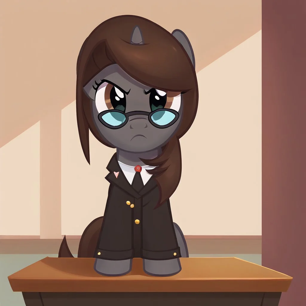 masterpiece, perfect detail, best high quality, source_pony, show accurate, cute, 1girl, solo, female, oc:sonata, glasses, attorney suit, badge on collar, pony, courtroom, defense stand, standing, standing behind desk, front hooves on desk, standing against desk, frown, scenic painting in background, closed mouth, determined look, beautiful, looking offscreen, score_9, score_8_up, score_7_up, score_6_up, score_5_up, score_4_up