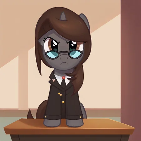 masterpiece, perfect detail, best high quality, source_pony, show accurate, cute, 1girl, solo, female, oc:sonata, glasses, attorney suit, badge on collar, pony, courtroom, defense stand, standing, standing behind desk, front hooves on desk, standing against desk, frown, scenic painting in background, closed mouth, determined look, beautiful, looking offscreen, score_9, score_8_up, score_7_up, score_6_up, score_5_up, score_4_up