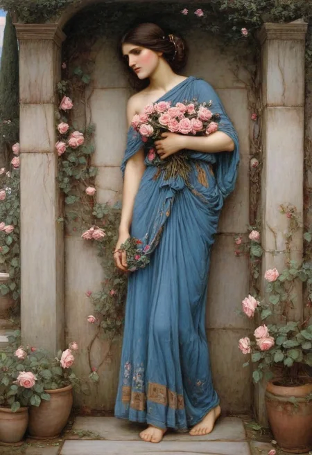 Painting by waterhouse of ancient greek woman coverd in roses and flowers