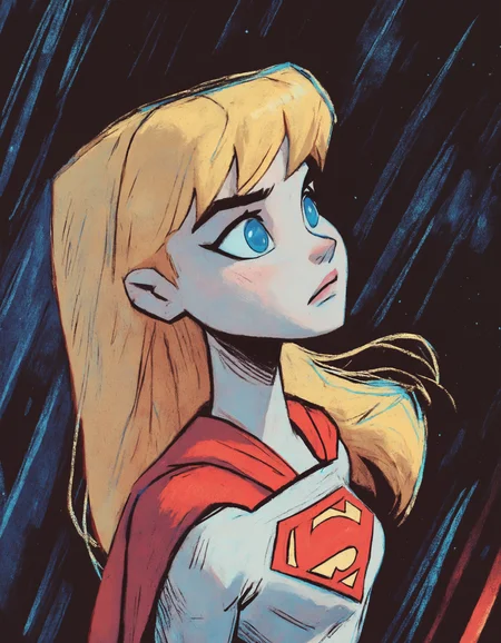 score_9, score_8_up, score_7_up, score_6_up, ncpy13 style, pastels drawing, portrait, Supergirl, 1girl, losspgirl, blonde hair, long hair, blue eyes, white skin, white skin, bodysuit, long sleeves, red cape, red skirt, alluring, cute, standing on the surface of the moon