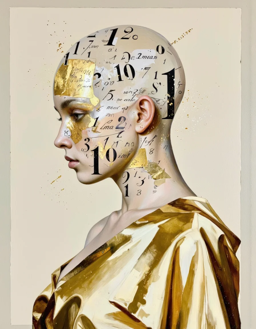 By Tom Nulens. This is a high-resolution, digitally manipulated photograph featuring a stylized portrait of a woman. The image is set against a soft, beige background with subtle, faded text in a script-like font. The woman's face is adorned with a surreal, abstract overlay of mathematical symbols, such as numbers and letters, which appear to be made of a metallic, gold material. The overlay is dynamic, with some symbols appearing to flow and merge into the background, creating a sense of movement and depth.
Her skin is a pale, creamy tone, and her hair is completely bald, emphasizing the contrast with the metallic overlay. The woman is wearing a flowing, golden garment that drapes elegantly over her shoulders and down her back, adding to the ethereal, otherworldly atmosphere of the image. The fabric has a smooth, glossy texture, reflecting light and adding a shimmering effect.
Her profile is the focus of the image, with her head turned slightly to the left, giving a sense of contemplation and introspection. The overall style of the photograph is avant-garde, blending elements of surrealism and digital art, with a focus on abstract expressionism and the interplay between human form and mathematical symbolism. <lora:Tom_Nulens:0.8045440673828125>