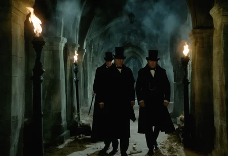 cinematic still frame of two victorian gentlemen walking in a dark gothic crypt holding torches, fog, cobwebs, dramatic chiaroscuro, low angle, creepy atmosphere <lora:h4mm3r:0.8>