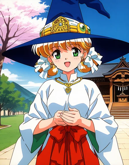 general,highres, ultra-detailed,very aesthetic,best quality ,best hands, BREAK <lora:Mahou_Shoujo_Meruru_IS:1>
Meruru, 1girl,solo, green eyes, witch hat, blonde hair, twintails, short hair, green jewelry, earrings,
breasts, witch, BREAK, open mouth,
smile,looking at viewer, cowboy_Shot, BREAK,
japanese white clothes, miko, red hakama, shrine, cherry blossom,1990s \(style\),anime coloring,
grass, sky,