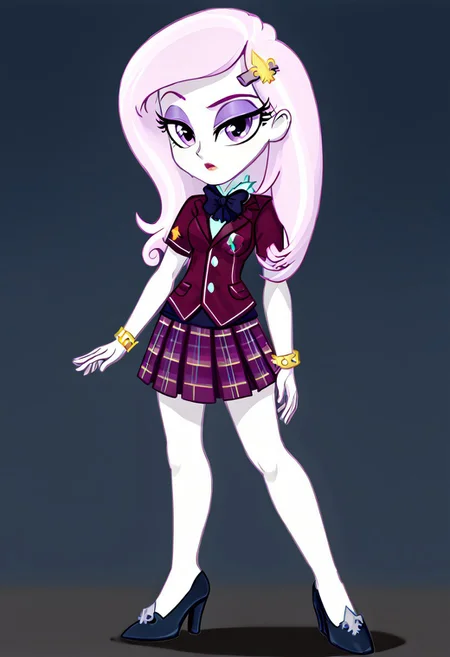 (High Resolution), (More Details), (8K), (High Resolution), NEGATIVE_HANDS, Fleur-de-lis, Equestria girls, 1 girl, alone, bare breasts, blouse, bow tie, bracelet, clothing, Crystal Prep Academy, Crystal Prep Shadowbolts, eyeshadow, female, fleur-de-lis outfits, short sleeves, makeup, plaid skirt, pleated skirt, skirt, high heels , Full body, Standing, Sexy and sensual, beautiful, beauty, attractive, toned all over the body, Posing sexy and sensual,  Seductive and sensual look, Posing