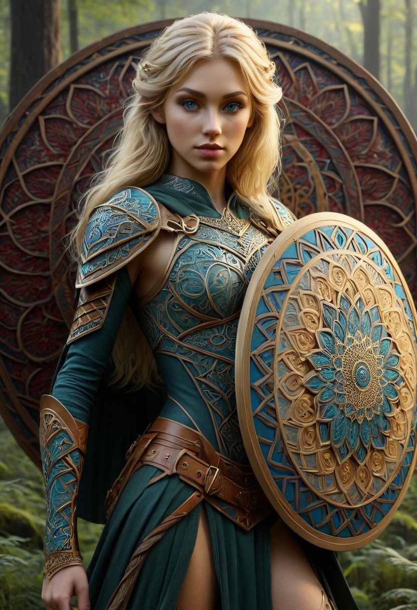 1girl, female elvish warrior, blonde hair,  Low/medium/highly stylized pattern, holding a large shield with 3d mandala pattern