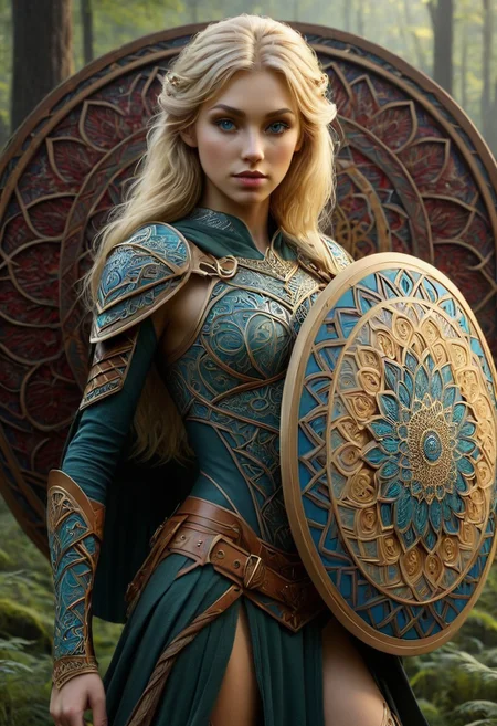 1girl, female elvish warrior, blonde hair, Low/medium/highly stylized pattern, holding a large shield with 3d mandala pattern