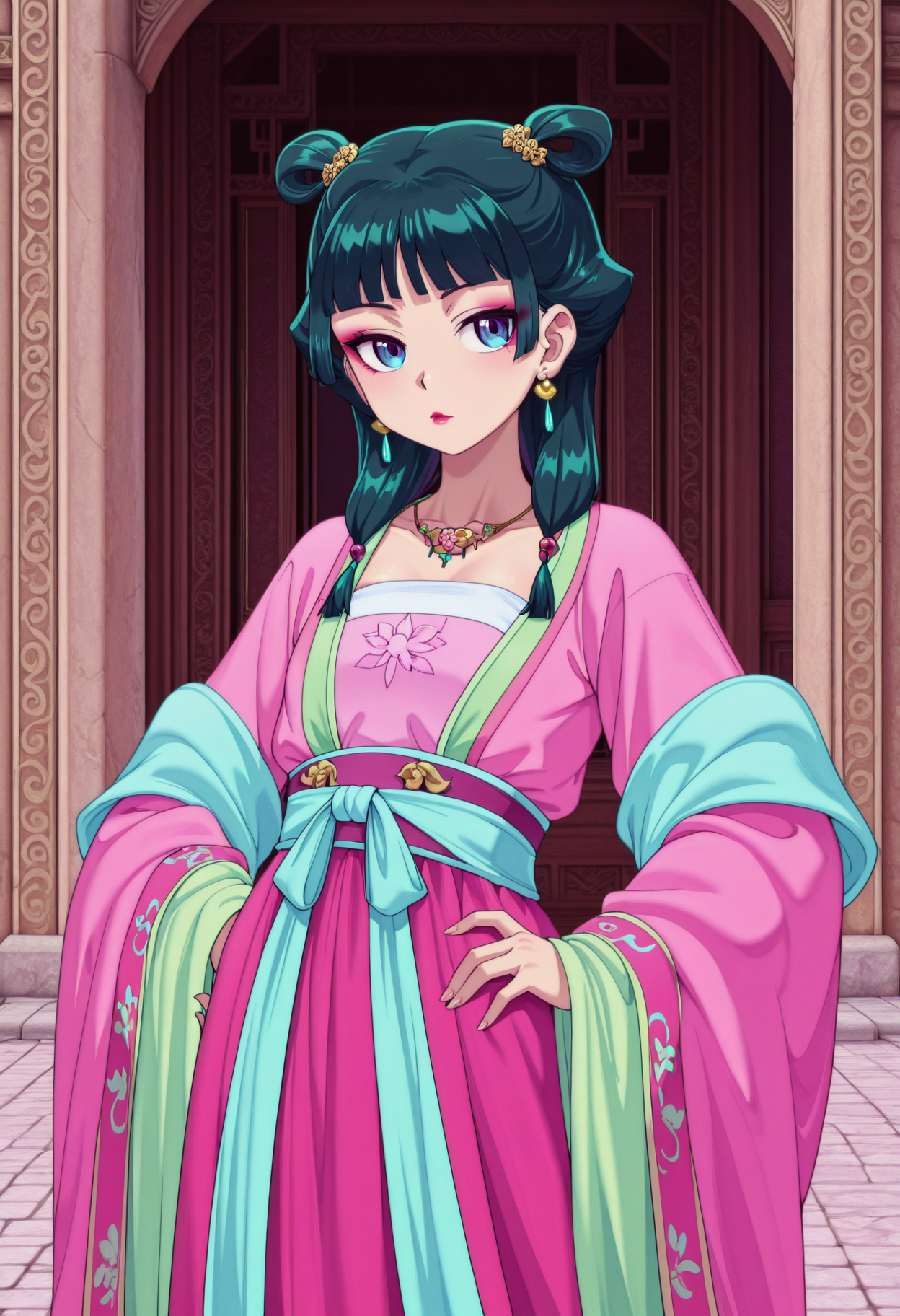 masterpiece, best quality, amazing quality, 1girl,, solo, ,,<lora:lavenderAndTeal_illustrious_byJaneB:1>, lavenderandteal,
, maomao, hand on hip, , , pink hanfu, hair ornament, jewelry, necklace, makeup, diamond earrings, cowboy shot,inner courtyard, forbidden city, <lora:maomaoIllustrious:1>