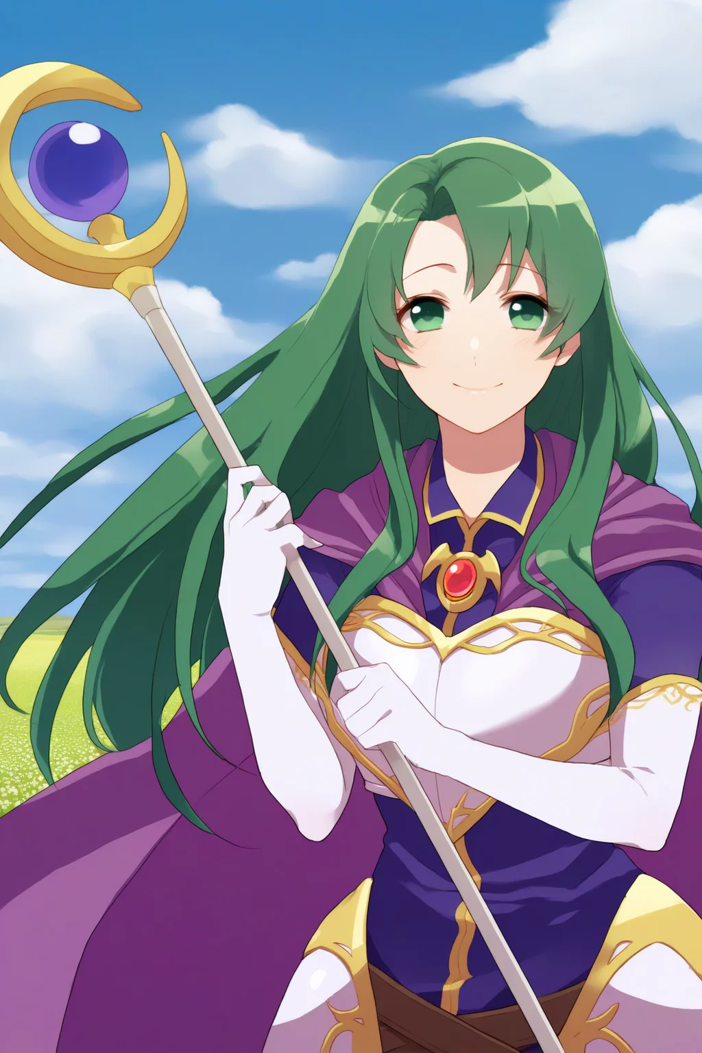 masterpiece, best quality, 1girl, solo, <lora:fececilia-illu-nvwls-v1-000005:1> dfCla, green hair, green eyes, purple cape, brooch, armored dress, purple dress, elbow gloves, white gloves, belt, upper body, blue sky, field, clouds, smile, happy, looking at viewer, holding staff