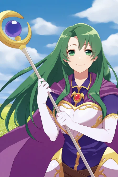 masterpiece, best quality, 1girl, solo,  <lora:fececilia-illu-nvwls-v1-000005:1> dfCla, green hair, green eyes, purple cape, brooch, armored dress, purple dress, elbow gloves, white gloves, belt, upper body, blue sky, field, clouds, smile, happy, looking at viewer, holding staff