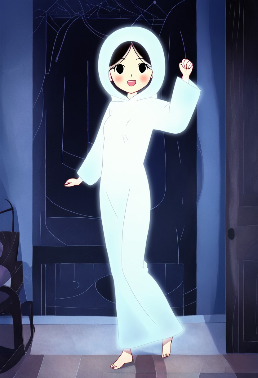 zPDXL3, source_cartoon, Perfect Hands, full body,
1girl, solo, aged down, bedroom, looking at viewer, saoirse, black hair, black eyes, blush, ghost, hood up, robe, barefoot, glowing, dancing on bed, from behind, facing at viewer, feeling cold, eyes open, smile, open mouth, sleeve past wrist, slim body, highlight cloth wrinkle, anime style, kicking, jumping,
<lora:Perfect Hands:1>  <lora:Saoirse_-_The_Song_of_the_Sea-000009:1>