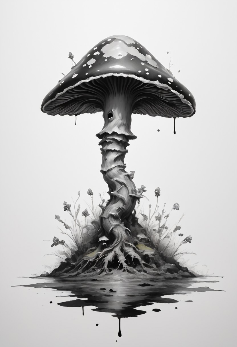 core_9, score_8_up, score_7_up, score_6_up, 
 intricate mushroom colony growing on an old decaying log, tiny miniature medieval style village beneath the mushrooms , monochrome, greyscale, minimalistic, white background, no humans, nature, traditional media, ink, solo, botanical.
ink-painting, ink wash,, ink wash painting,, white background,