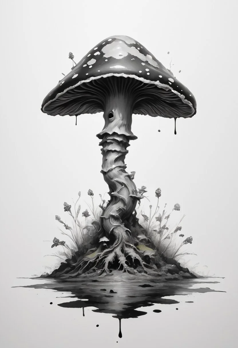 core_9, score_8_up, score_7_up, score_6_up,
intricate mushroom colony growing on an old decaying log, tiny miniature medieval style village beneath the mushrooms , monochrome, greyscale, minimalistic, white background, no humans, nature, traditional media, ink, solo, botanical.
ink-painting, ink wash,, ink wash painting,, white background,