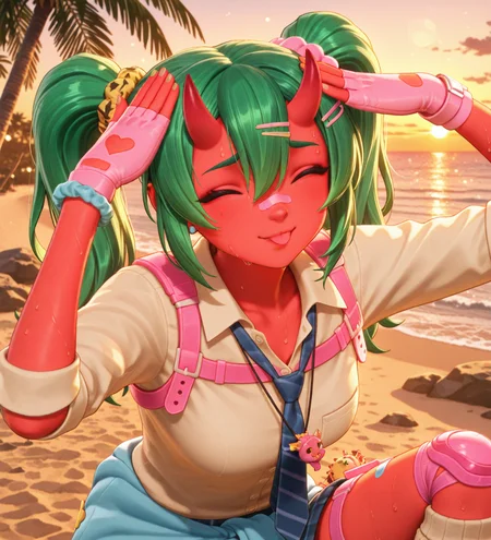 (dance, sparkling, happy, smile:1.2), (portrait, AhEtoBlehMeme, closed eyes, tongue out, :p, hands on own head, smile, looking at viewer, depth of field, bokeh, sunset, golden hour, beach, sand, palm tree, ocean, rocks, detailed background:1.5), fortnite_nemia, 1girl, solo, green hair, twintails, ponytail, long hair, bangs, hair between eyes, hair over one eye, ears, horns, oni horns, single horn, red skin, pink skin, blue eyes, parted lips, bandaid, bandaid on nose, bandaid on thighs, breasts, shirt, school uniform, necktie, plaid skirt, thighhighs, socks, loose socks, boots, jewelry, earrings, bracelet, charm, belt, gloves, fingerless gloves, knee pads, leg warmers, collarbone, solo, colored skin, hair ornament, hairclip, scrunchie, holster, striped necktie, clothes around waist, oni, plaid, charm (object), blue necktie, sweater around waist, animal print, heart, shoes, star (symbol), thigh holster, (female focus, female_focus, sweating, sweat:1.8), <lora:Fortnite_Nemia_Demonically_Cute_Set_ILXL_E41_16_DIM:0.7>, <lora:dmd2_sdxl_4step_lora:1> <lora:AhEtoBlehMeme_illusXLNoobAI_Incrs_v1:1>
