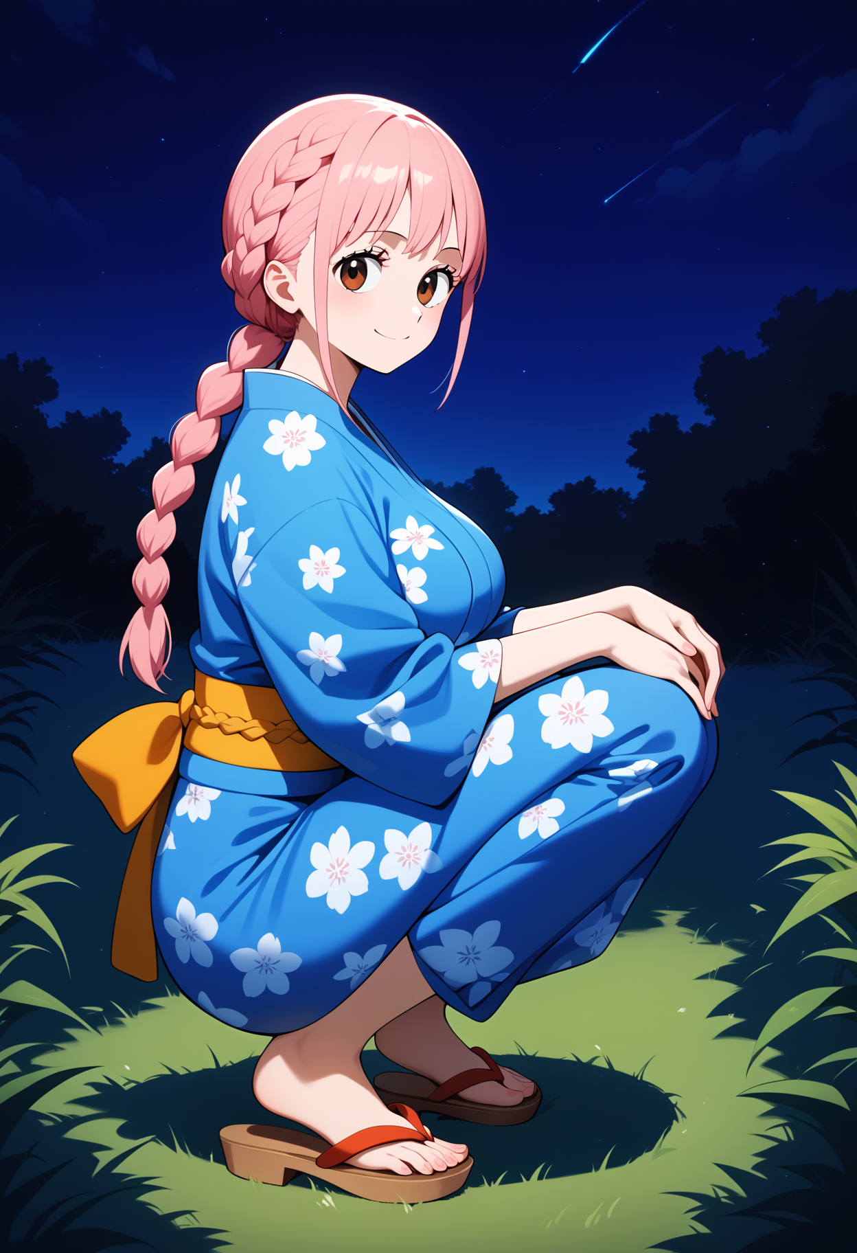 score_9, score_8_up, score_7_up, score_6_up, score_5_up, score_4_up, source_anime, aarebecca, long hair, pink hair, braid, braided ponytail, brown eyes, large breasts,  <lora:rebecca_(one_piece)_ponyxl_v1:0.9>, night, grass, squatting, yukata, japanese clothes, floral print, from side, smile, looking at viewer, sandals,