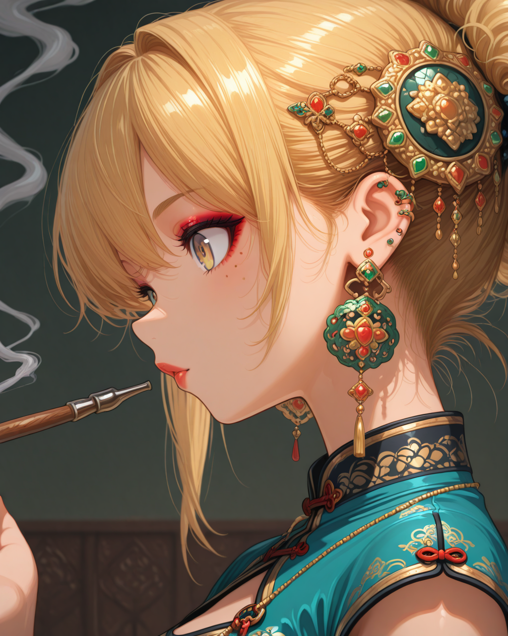 masterpiece,best quality,highres illustration,detailed face,1girl,from side,<lora:overacc_IL:1.5>,accessories,blonde hair,fluffy hair,china dress,smoking pipe,smoke,