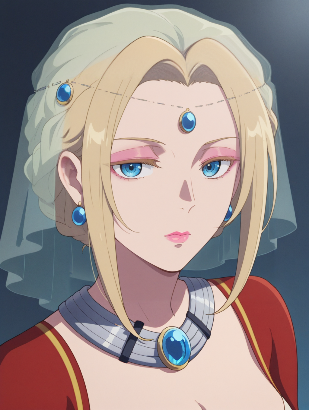 1girl,portrait, 
ywailin,blonde hair,sidelocks,braid,hair ornament,blue eyes,necklace,blue gem,pink eyeshadow,pink lips,earrings,veil,red dress,
looking at viewer,,<lora:ywailin_noob:1>
