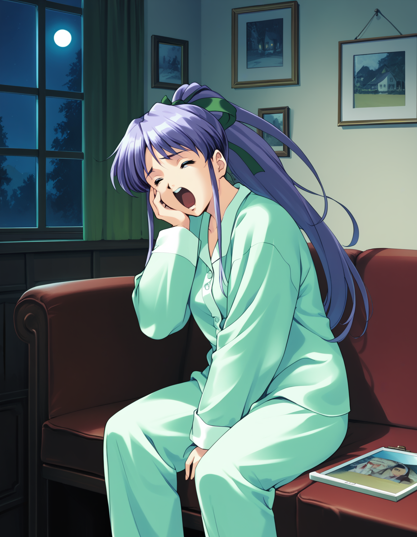 score_9,  score_8_up, score_7_up, <lora:shuusaku-v2-ponyxl-000016:0.9> takabe, purple hair, hair ribbon, green pajamas,
1girl, solo, yawning, sitting, couch, night, picture frame