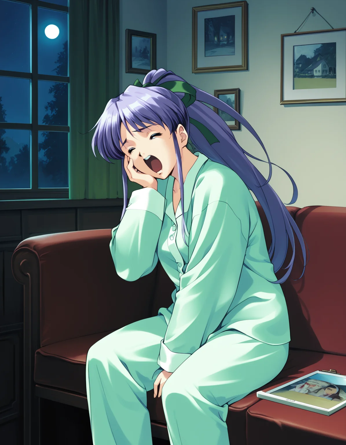 score_9, score_8_up, score_7_up, <lora:shuusaku-v2-ponyxl-000016:0.9> takabe, purple hair, hair ribbon, green pajamas,
1girl, solo, yawning, sitting, couch, night, picture frame