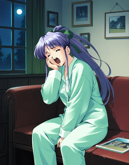 score_9, score_8_up, score_7_up, <lora:shuusaku-v2-ponyxl-000016:0.9> takabe, purple hair, hair ribbon, green pajamas,
1girl, solo, yawning, sitting, couch, night, picture frame