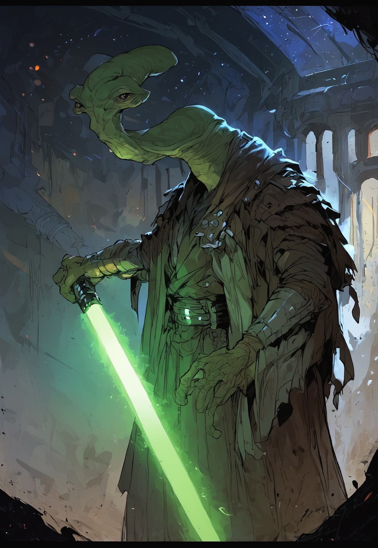 score_9, score_8_up, score_7_up, BREAK,
ithorian hammerhead alien on a space station, window showing stars and wormhole, dramatic lights, (((holding green lightsaber)))
