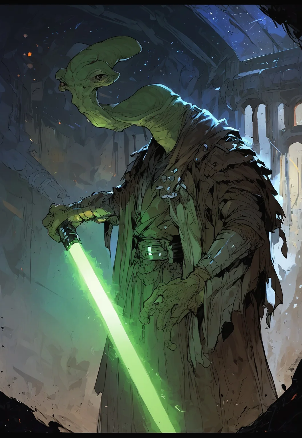 score_9, score_8_up, score_7_up, BREAK,
ithorian hammerhead alien on a space station, window showing stars and wormhole, dramatic lights, (((holding green lightsaber)))