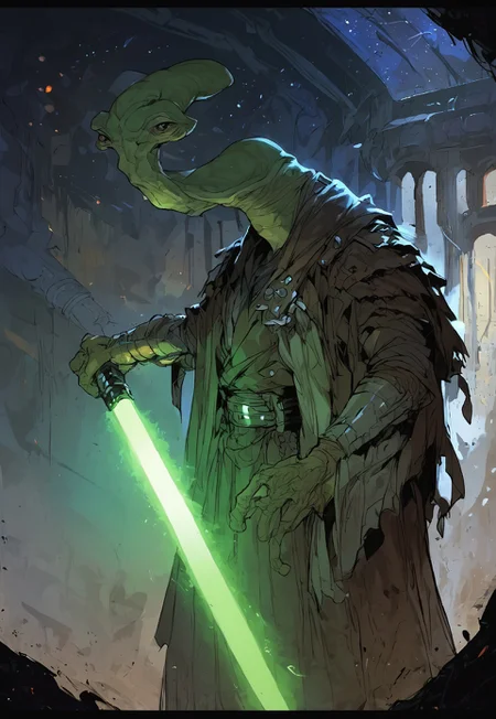 score_9, score_8_up, score_7_up, BREAK,
ithorian hammerhead alien on a space station, window showing stars and wormhole, dramatic lights, (((holding green lightsaber)))
