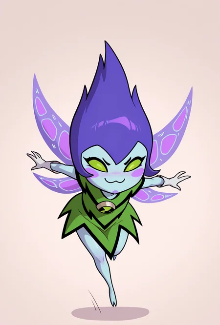 <lora:peskydust-09:1> peskydust, blue skin, fairy wings, blush stickers, 1girl, white gloves, green eyes, green dress, purple hair, dynamic pose, :3,, masterpiece, best quality, amazing quality, very aesthetic, absurdres, newest,