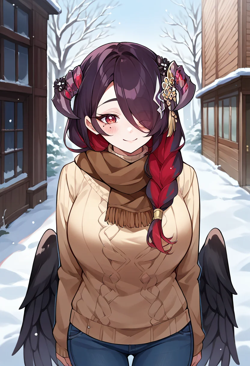 score_9, score_8_up, source_anime, 1girl, solo, Mamarissa, horns, hair ornament, hair flower, long hair, hair over one eye, single braid, multicolored hair, mole under eye, black wings, low wings, turtleneck sweater, jeans, outdoors, scarf, winter, smile, blush, <lora:ChamMamarissaPonyXL:1>