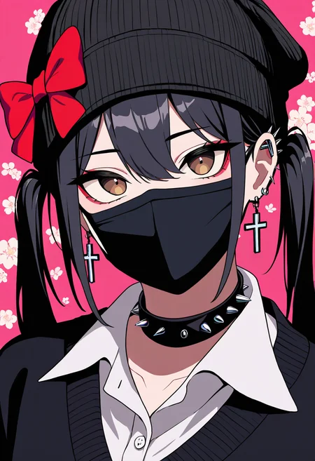 (very awa,masterpiece,best quality,year 2024,newest,highres,absurdres:1),1girl, alternate costume, beanie, black choker, black hair, black hat, black sweater, bow, brown eyes, buttons, choker, collared shirt, covered mouth, cross, cross earrings, earrings, floral background, hair between eyes, hat, hat bow, jewelry, long hair, looking at viewer, mask, mouth mask, pink background, portrait, prototype design, red bow, shirt, sidelocks, solo, spiked ear piercing, spikes, studded choker, sweater, twintails, white shirt
Show less