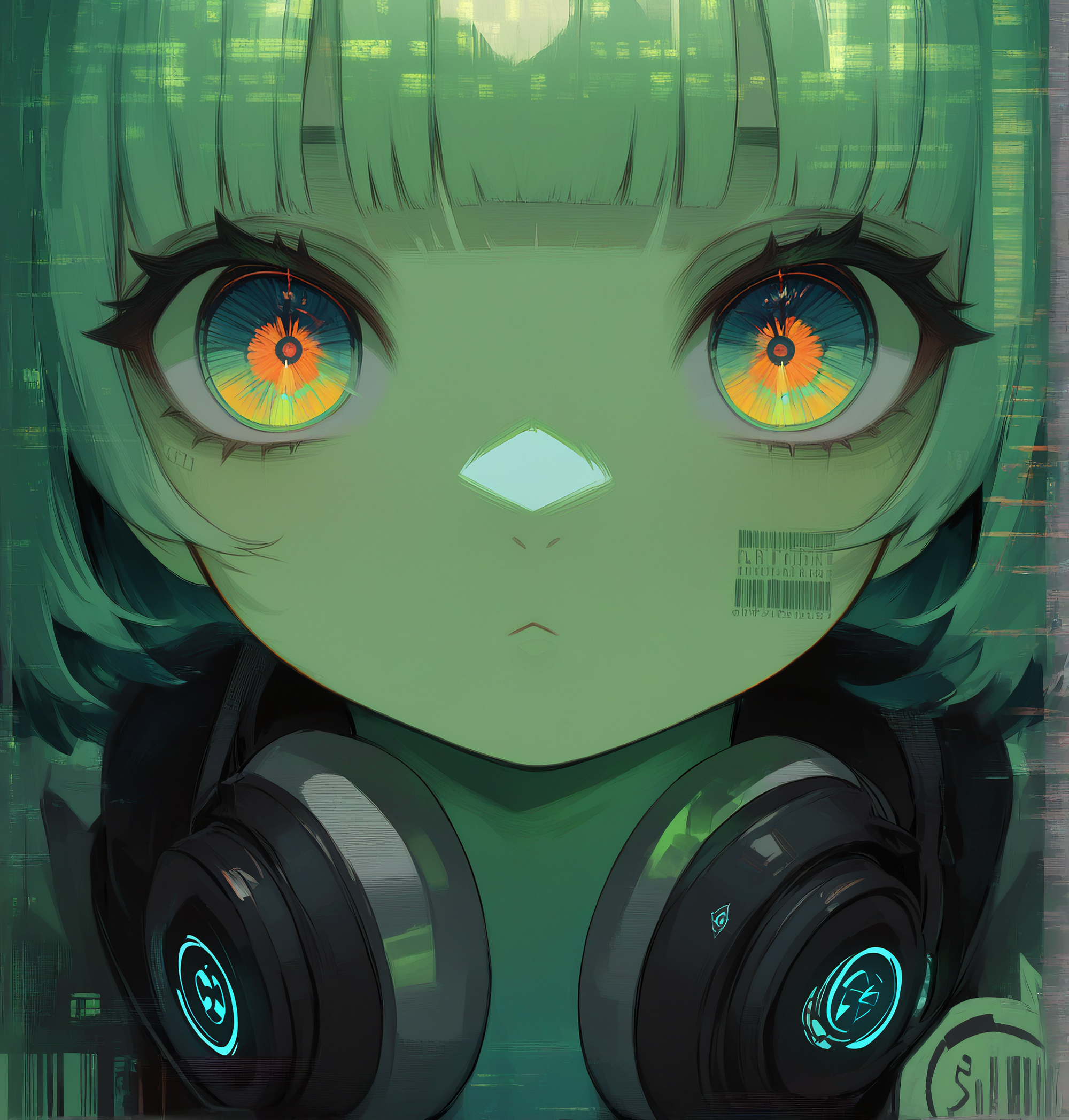 1girl, general, ascii art, looking at viewer, green hair, green eyes, text, barcode tattoo, computer chip, user interface, monitor, black headphones around neck, portrait, curious, dot mouth, colored skin, close-up, barcode, solo, headphones, multicolored eyes, headphones around neck, bangs, closed mouth, short hair, blunt bangs, green theme, english text, gradient eyes, tattoo, glowing green skin, aqua logo, screen light, circle \(shape\), circle, masterpiece, best quality, very awa, newest, absurdres, highres, <lora:ponyv5_noobV065S_1_adamW-000013:1.00>