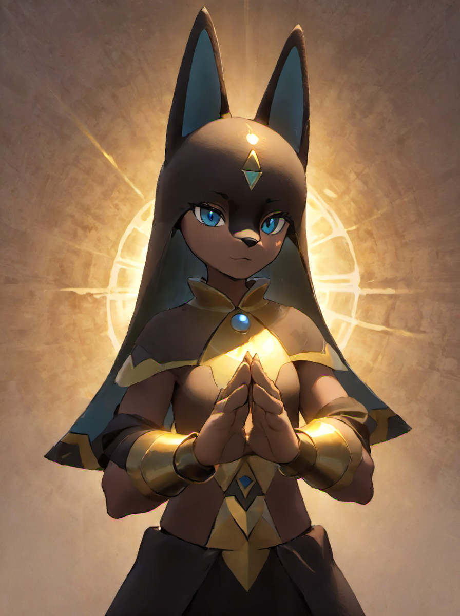 palworld-anubis, <lora:palworld_anubis_xl_lora_v1:0.5>,
upper body,closing eyes,hands above the head,forming powerful nergy sphere between the hands,generating energy waves around,magic,Face has cracks and is emitting energy,masterpiece, best quality