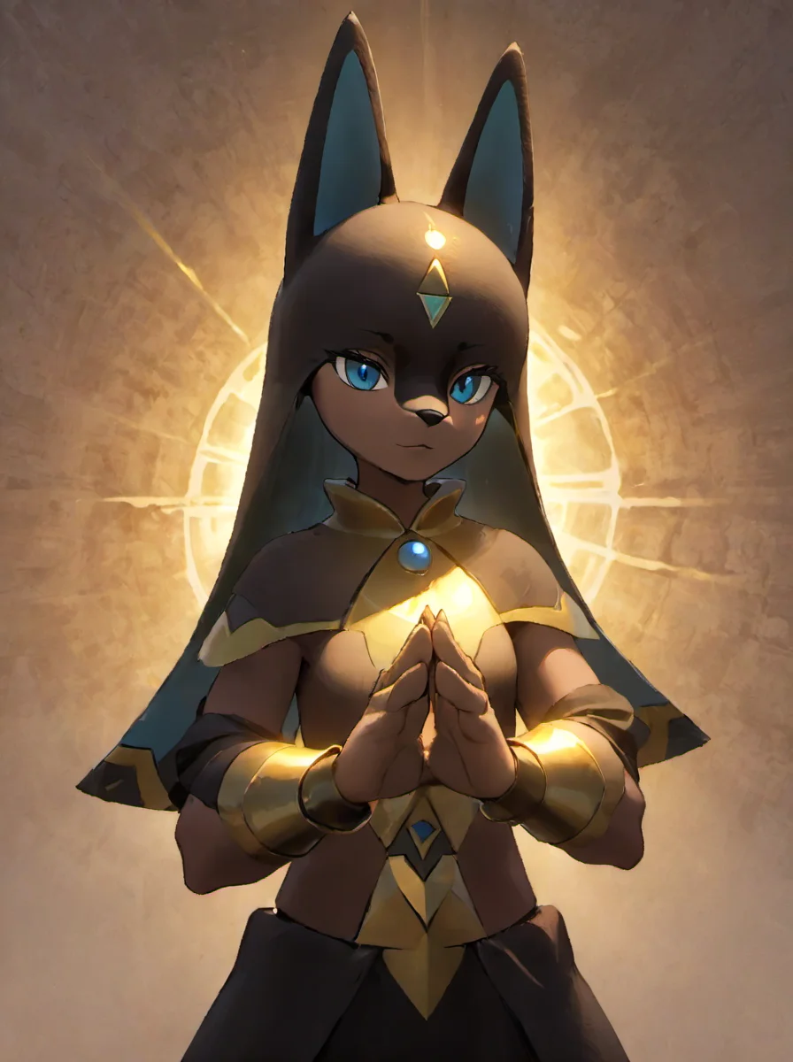 palworld-anubis, <lora:palworld_anubis_xl_lora_v1:0.5>,
upper body,closing eyes,hands above the head,forming powerful nergy sphere between the hands,generating energy waves around,magic,Face has cracks and is emitting energy,masterpiece, best quality