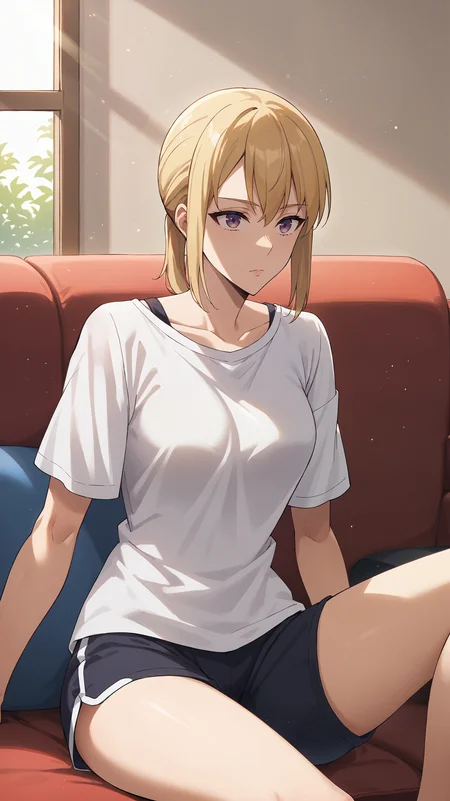 score_9,score_8_up,score_7_up,score_6_up, source_anime, girl, dynamic pose, sitting, <lora:Hae-In Cha - Pony_v2:0.9>, hae_in_cha_sl, blonde hair, bangs, sidelocks, short ponytail, low ponytail, purple eyes, black sweater, (white shirt, white t-shirt), short sleeves, baggy shirt, black gym shorts, living room, soft lighting, comfy, couch, bare shoulder, relaxing, reclining, light rays, dust particles, head tilted back,