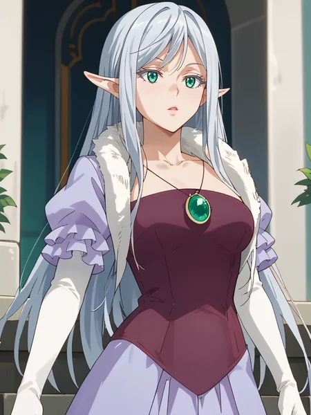 score_9, score_8_up, score_7_up, score_6_up, score_5_up, score_4_up, source_anime, <lora:StS_PonyXL_Detail_Slider_v1.4_iteration_3:3>,cinematic shadow, character focus, detailed skins, soft skins, (cowboy shot:1.4), perfect curvy medium breasts,dynamic pose, <lora:Elmesia_El-Ru_Sarion:1>,elmesia, pointy ears,aqua eyes, bangs,long silver hair,elmesiadress,collarbone, jewelry,necklace,fur trim, white elbow gloves,puffy short sleeves, frills,maroon corset, long purple skirt,