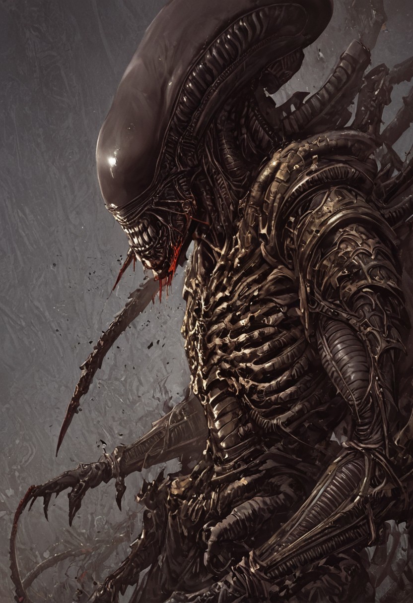 score_9, score_8_up, score_7_up, score_6_up, score_5_up, score_4_up,<lora:Fant5yP0ny:0.8>, xenomorphic creature from Lords of the Fallen, black templar armor, gold sword of Pieta, solo, gold eyes, blood on face, art by hr giger,