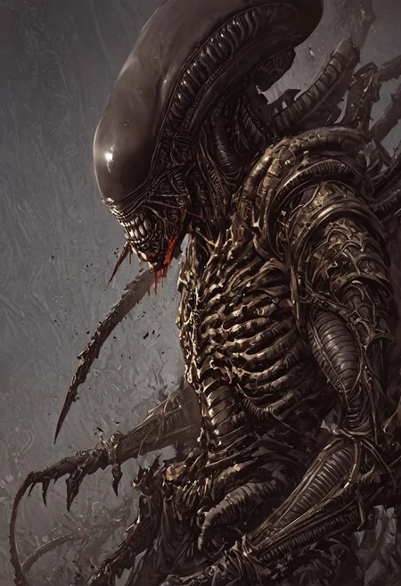score_9, score_8_up, score_7_up, score_6_up, score_5_up, score_4_up,<lora:Fant5yP0ny:0.8>, xenomorphic creature from Lords of the Fallen, black templar armor, gold sword of Pieta, solo, gold eyes, blood on face, art by hr giger,