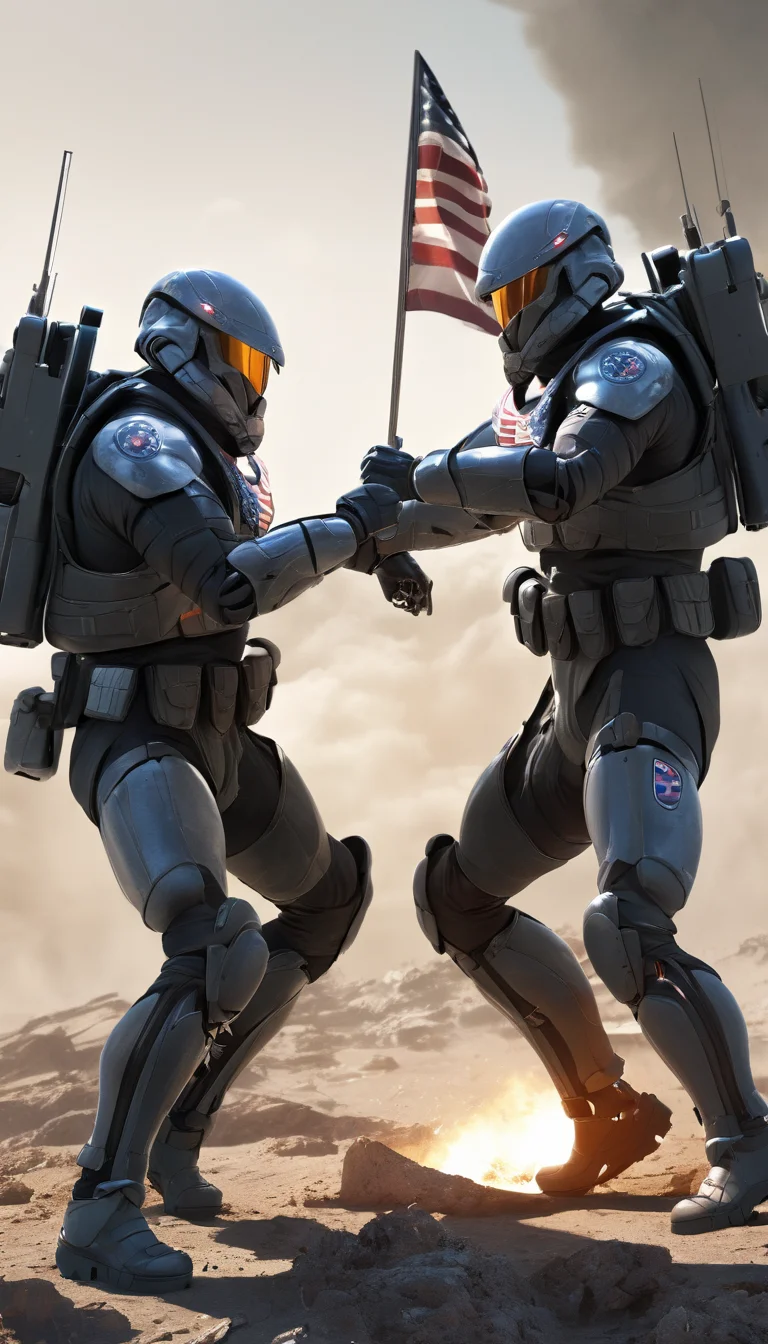 Cinematic scene, hero view, sci-fi soldiers fighting over a flag, action pose, detailed background, masterpiece, best quality, high quality, absurdres, 3d <lora:3d_xl_v3:1>