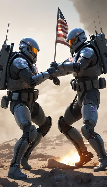 Cinematic scene, hero view, sci-fi soldiers fighting over a flag, action pose, detailed background, masterpiece, best quality, high quality, absurdres, 3d <lora:3d_xl_v3:1>
