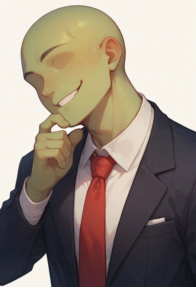 score_9, score_8_up, score_8,
1boy, solo, green skin, no eyes, no eyebrows, bald, black business suit, white under shirt, red tie, black suit pants, average body, portrait shot, smiling, white background