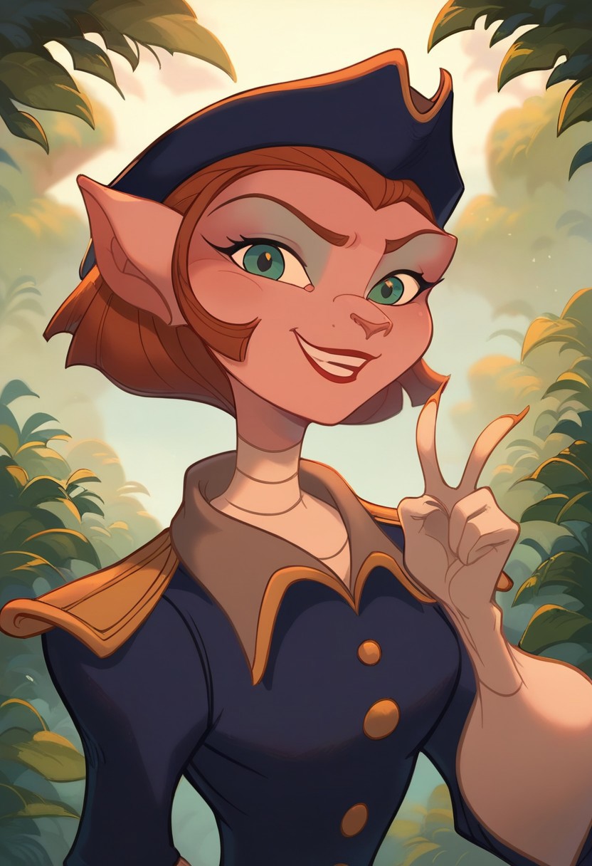 score_9, score_8_up, score_7_up, ultra quality, 1girl, Ameliaxl, anthro, upper body, ginger hair, green eyes, short hair, pointy ears, animal nose, captain uniform, tricorn hat, epaulettes, white gloves, looking at viewer, v sign, green lush background