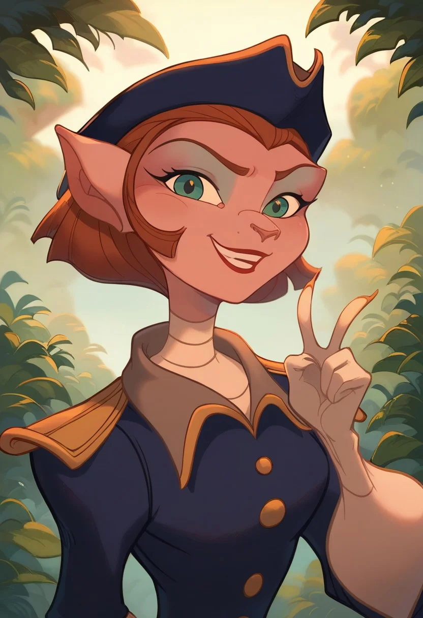 score_9, score_8_up, score_7_up, ultra quality, 1girl, Ameliaxl, anthro, upper body, ginger hair, green eyes, short hair, pointy ears, animal nose, captain uniform, tricorn hat, epaulettes, white gloves, looking at viewer, v sign, green lush background