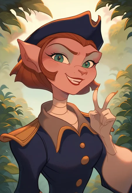 score_9, score_8_up, score_7_up, ultra quality, 1girl, Ameliaxl, anthro, upper body, ginger hair, green eyes, short hair, pointy ears, animal nose, captain uniform, tricorn hat, epaulettes, white gloves, looking at viewer, v sign, green lush background